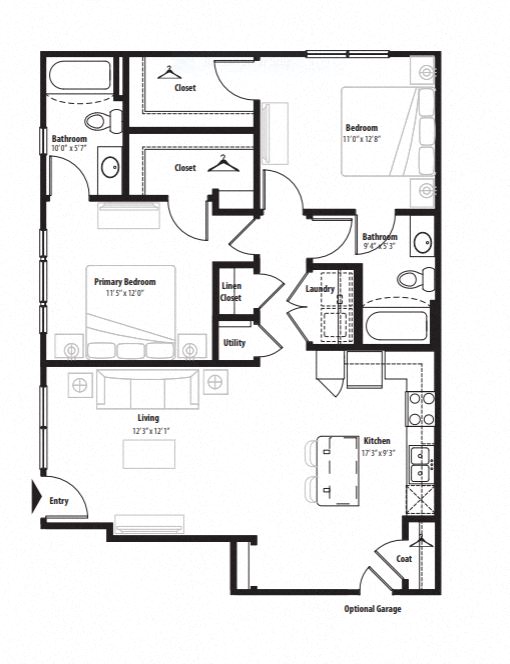 Floor plan for 2 beds, 2 baths, 1062 sqft